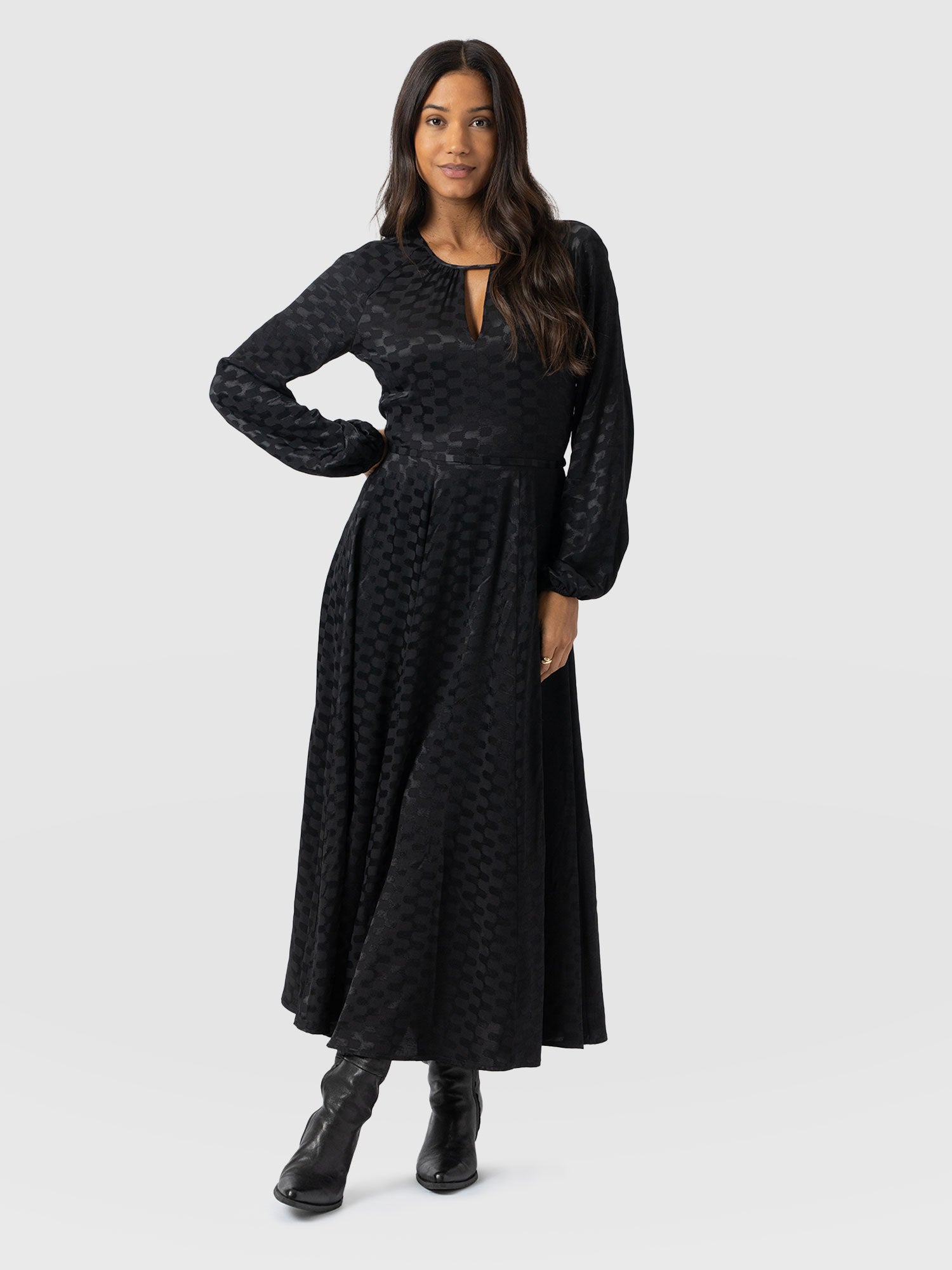 Ruby Flare Midi Dress - Black Jacquard